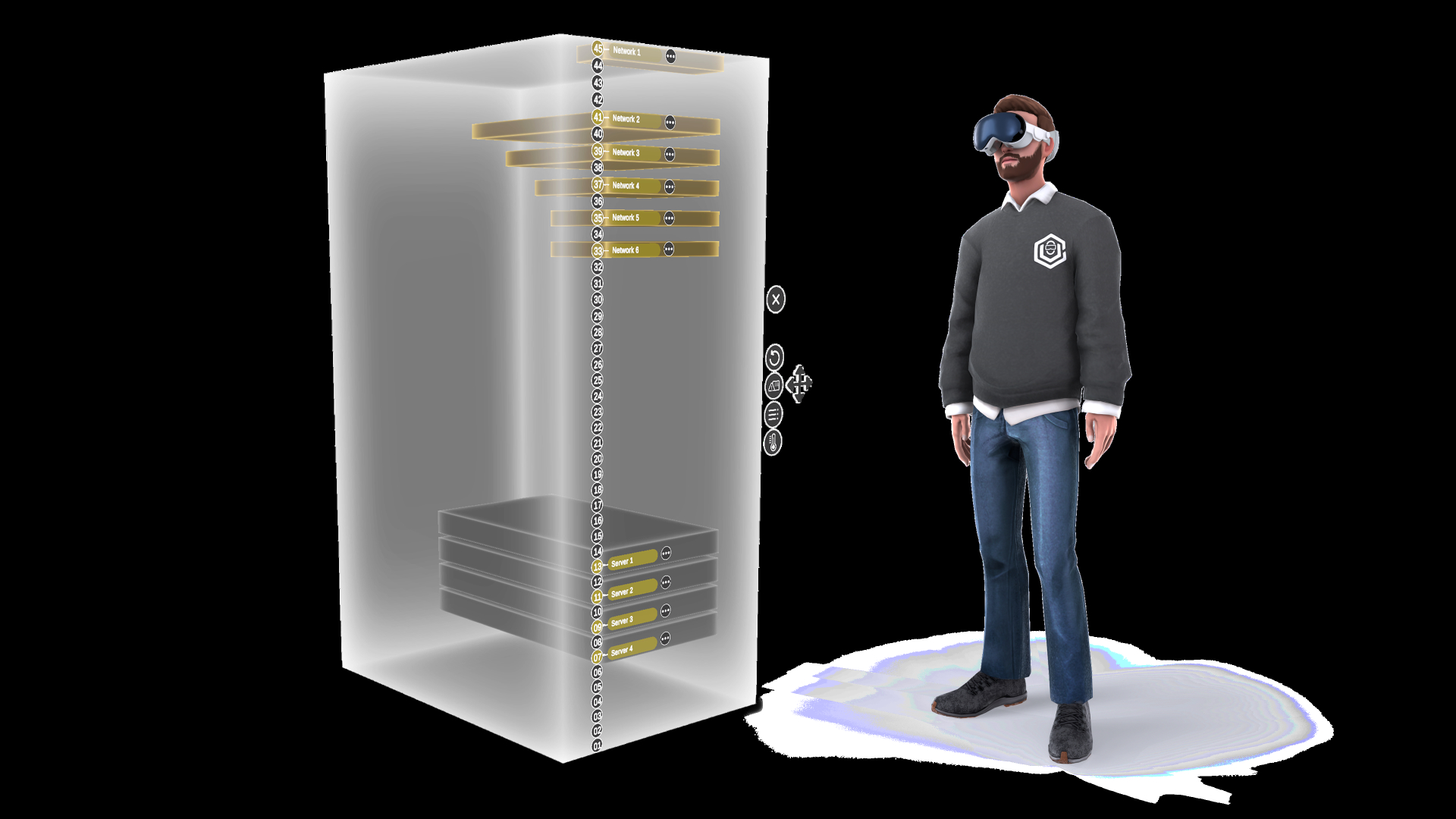 Digital twin of a data center visualizing equipment and capacity usage