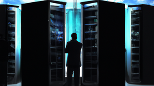 Engineer using AR overlays for real-time data center maintenance guidance