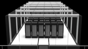 Technician optimizing energy efficiency in an edge data center using AI tools.